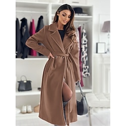 Light in the box Dames Jas Houd Warm Comfortabel Casual / Dagelijks Knop Met riem Dubbele rij knopen Revers Elegant Effen Kleur Normale pasvorm bovenkleding Lange mouw Winter Zwart Wit WijnMXL