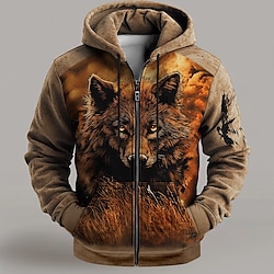 Light in the box Voor heren Wolf Hoodies Trui met capuchon Sweatshirt met capuchon Capuchon Modieus 3D-afdrukken Vakantie Uitgaan Streetwear Bruin Vetoketju Trekkoord Herfst Winter Ontwerper