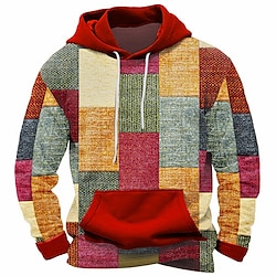 Men's Plaid Hoodies Sweatshirt Outerwear Hooded Sweatshirt Crew Neck Fashion 3D Print Party Holiday Streetwear Red Blue Drawstring Fall Winter Designer