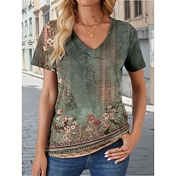 Women's T Shirt Casual Vintage Regular Tops Short Sleeve V Neck Print Loose Fit Daily Army Green Summer Spring