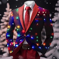 Christmas Men's Christmas Pattern Coat Blazer Jacket Breathable Comfortable Artistic Casual Party Evening Wear Daily Festival Buttons 3D Print Multi Pocket Fall  Winter Turndown Long Sleeve Red Blue