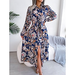 Light in the box Dames Casual jurk A lijn jurk Boho-jurk Bohemen Stijlvol Casual Paisley Maxi-jurk Lange mouw Overhemdkraag strik voorkant Knop Afdrukken Normale pasvorm Vakantie Dagelijks Wit Koningsblauw Lente