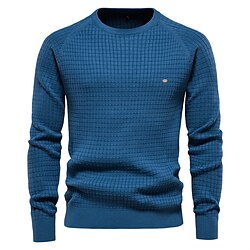 Light in the box Voor heren Trui Gebreid Geribd breien Normaal Ruitjes Strakke ronde hals Gebreid Neutrale Buiten Casual / Dagelijks Kleding Lente Herfst Marineblauw blauw SL