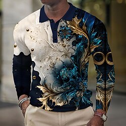 Kentucky Derby Men's Florals Waffle Polo Shirts Long Sleeve Polo Shirts Collared Shirts Casual Outdoor Party Evening Wear Streetwear Buttons White Blue Orange