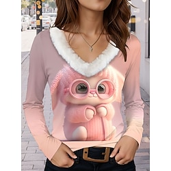 Dames T-shirt Casual dier Tekenfilm Normale tops Lange mouw V-hals Lapwerk Afdrukken Normale pasvorm Dagelijks Blozend Roze Herfst Winter Lightinthebox