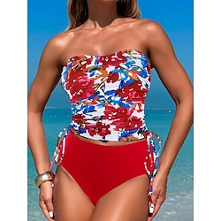 Light in the box Dames Zwemkleding Tankini 2 stuks Jongen been Zwempak Blote rug Hoge taille Vakantie Strand Kleding Bloemig Strapless Mouwloos Badpakken