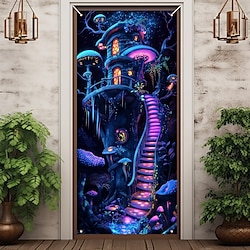 Door Decorations Door Covers Mistery Mushroom House Door Tapestry Door Curtain Decoration Backdrop Indoor/Outdoor Door Banner for Front Door Farmhouse