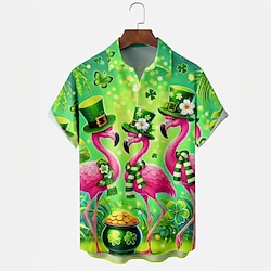 Sint Patrick Voor heren Flamingo Gouden munt Normaal shirt Bowlingshirt Korte mouw Hawaii Toevlucht St. Patrick's Day Casual Zomer Lente Strijkijzer Dichtknopen Zak Groen Lightinthebox