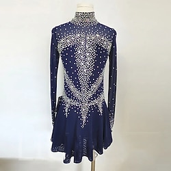 Figure Skating Dress Women's Girls' Ice Skating Dress Dark Navy High Elasticity Training Competition Skating Wear Classic Crystal / Rhinestone Long Sleeve Ice Skating Figure Skating