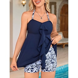 Light in the box Dames Zwemkleding Tankini 2 stuks Jongen been Zwempak Met ruches Blote rug Hoge taille Strapless Vakantie Strand Kleding Effen Kleur Halternek Mouwloos Badpakken