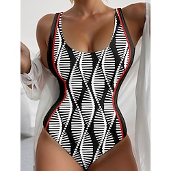 Light in the box Dames Zwemkleding Een stukje Monokini Zwempak Blote rug Buikcontrole Hoge taille Slank Vakantie Vintage Geometrisch Kleurenblok U-hals Mouwloos Badpakken