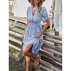 Women's Casual Dress Cotton Linen Dress A Line Dress Stylish Casual Stripe Midi Dress Short Sleeve Shirt Collar Buttons Print Regular Fit Vacation Daily Yellow Blue Summer