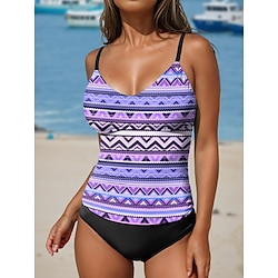 Light in the box Dames Zwemkleding Tankini 2 stuks Brutaal Zwempak Blote rug Buikcontrole Hoge taille Slank Vakantie Strand Kleding Meetkundig V-hals Mouwloos Badpakken