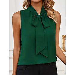 Light in the box Dames Overhemd Blouse Stijlvol Casual Effen Kleur Normale tops Mouwloos Hoge nek strik voorkant Normale pasvorm Dagelijks Groen Zomer Lente