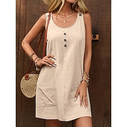 Women's Casual Dress Cotton Linen Dress Tank Dress Basic Casual Plain Mini Dress Sleeveless U Neck Buttons Pocket Regular Fit Vacation Daily Army Green Beige Summer Spring