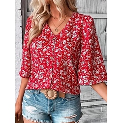 Light in the box Dames Blouse Elegant Bohemen Actief Bloemig Normale tops Korte mouw Pofmouw V-hals Knop Afdrukken Dagelijks Uitgaan Rood Zomer