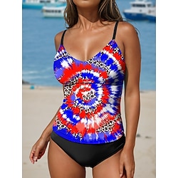 Light in the box Dames Zwemkleding Tankini 2 stuks Brutaal Zwempak Blote rug Buikcontrole Hoge taille Slank Vakantie Strand Kleding Vlag Tie Dye V-hals Mouwloos Badpakken