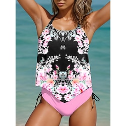 Light in the box Dames Zwemkleding Tankini 2 stuks Brutaal Zwempak Blote rug Vakantie Strand Kleding Bloemig Halternek Mouwloos Badpakken