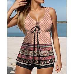 Light in the box Dames Zwemkleding Tankini 2 stuks Jongen been Zwempak Blote rug Buikcontrole Hoge taille Slank Vakantie Strand Kleding Geometrisch Gestreept U-hals Mouwloos Badpakken