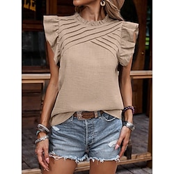 Light in the box Dames Overhemd Blouse Stijlvol Casual Effen Kleur Normale tops Mouwloos Strakke ronde hals Ruche Normale pasvorm Dagelijks blauw Khaki Zomer