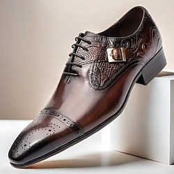 Men's Brown Embossed Faux Leather Oxford Shoes - Classic Lace-Up Design with Decorative Buckle for Formal Events and Office Wear