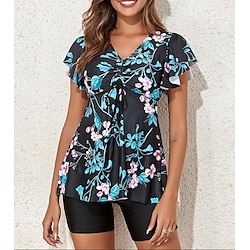 Light in the box Dames Zwemkleding Tankini 2 stuks Jongen been Zwempak Hoge taille Vakantie Strand Kleding Bloemig Bladeren V-hals Korte Mouw Badpakken