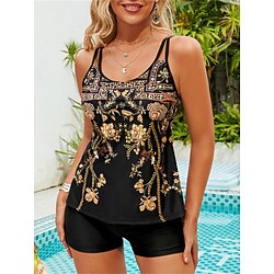 Light in the box Dames Zwemkleding Tankini 2 stuks Jongen been Zwempak Blote rug Hoge taille Vakantie Strand Kleding Bloemig Scoophals Mouwloos Badpakken