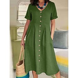 Dames Casual jurk Katoenen linnen jurk Basic Casual Effen Halflange jurk Korte mouw V-hals Knop Zak Normale pasvorm Vakantie Dagelijks Wit Hemelsblauw Groen Khaki Zomer Lightinthebox