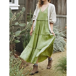 Dames Casual jurk Katoenen jurk Slipdress Basic Casual Effen Maxi-jurk Mouwloos Bandje V-hals Ruche Normale pasvorm Vakantie Dagelijks Groen Zomer Lightinthebox