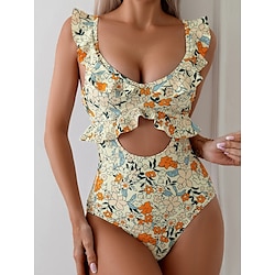 Light in the box Dames Zwemkleding Een stukje Monokini Zwempak Ruche Blote rug Buikcontrole Hoge taille Slank Vakantie Strand Kleding Bloemig V-hals Mouwloos Badpakken