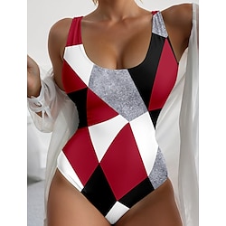 Light in the box Dames Zwemkleding Een stukje Monokini Zwempak Blote rug Buikcontrole Hoge taille Slank Vakantie Vintage Geometrisch Kleurenblok U-hals Mouwloos Badpakken