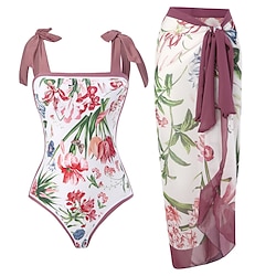 Light in the box Dames Zwemkleding 2 stuks Monokini Rok Zwempak Blote rug Buikcontrole Hoge taille Slank Vakantie Strand Kleding Bloemig Scoophals Mouwloos Badpakken