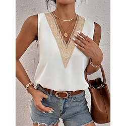 Light in the box Dames Blouse Basic Casual Effen Kleur Normale tops Lange mouw V-hals Kant Lapwerk Normale pasvorm Dagelijks Zwart Wit Zomer