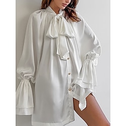 Light in the box Dames Casual jurk A lijn jurk Elegant leuke Style Stijlvol Effen Mini-jurk Lange mouw Veterhals Lapwerk Knop Normale pasvorm Vakantie Feest Dagelijks Wit Zomer Lente Herfst