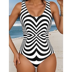 Light in the box Dames Zwemkleding Een stukje Monokini Zwempak Blote rug Buikcontrole Hoge taille Slank Vakantie Strand Kleding Streep Meetkundig U-hals Mouwloos Badpakken