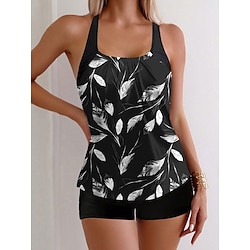 Light in the box Dames Zwemkleding Tankini 2 stuks Jongen been Zwempak Blote rug Hoge taille Vakantie Strand Kleding Bladeren Scoophals Mouwloos Badpakken