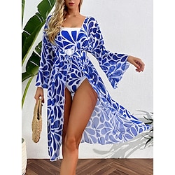 Light in the box Dames Zwemkleding 2 stuks Monokini Zwempak Blote rug Buikcontrole Hoge taille Slank Vakantie Strand Kleding Bloemig Scoophals Mouwloos Lange mouw Badpakken