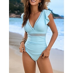 Light in the box Dames Zwemkleding Een stukje Monokini Zwempak Ruche Blote rug Buikcontrole Hoge taille Slank Vakantie Strand Kleding Effen Kleur V-hals Mouwloos Badpakken