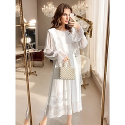 Valentine's Day Women's Midi Dress White Dress Chiffon Dress Elegant Vintage Lantern Sleeve Vacation Work Casual Form Fit Polka Dot Long Sleeve Crew Neck White Spring Fall