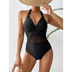 Light in the box Dames Zwemkleding Een stukje Zwempak Netstof Blote rug Buikcontrole Hoge taille Slank Vakantie Strand Kleding Effen Kleur V-hals Mouwloos Badpakken