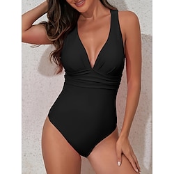 Light in the box Dames Zwemkleding Een stukje Monokini Zwempak Blote rug Buikcontrole Hoge taille Vakantie Strand Kleding Effen Kleur V-hals Mouwloos Badpakken