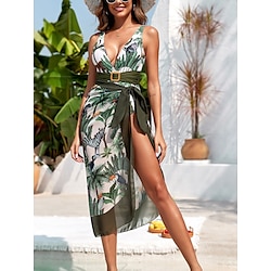 Light in the box Dames Zwemkleding 2 stuks Monokini Zwempak Blote rug Buikcontrole Hoge taille Slank Vakantie Strand Kleding Bloemig Bladeren V-hals Mouwloos Badpakken