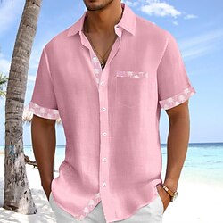 Men's Shirt Linen Shirt Summer Shirt Beach Shirt Plaid Vacation Holiday Pink Green Light Blue Short Sleeve Collar Summer Clothing Apparel