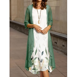 Women's Graduation Midi Dress 2 Pieces Dress Set A Line Dress Summer Dress Vacation Casual Floral Graphic Pleated Print Half Sleeve Crew Neck Vacation Daily Army Green Spring Fall Loose Fit