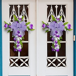 Easter Wreath, Spring Tulip Cross Wreath, Front Door Hanging Decoration with Bow, Faux Floral Vine Garland for Wall Door