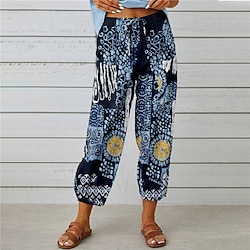 Women's Cotton Linen Pants Slacks Streetwear Casual Full Length Natural Floral Printing Comfy Outdoor Daily Wear Casual Daily Navy Black Blue Orange Summer Regular Fit