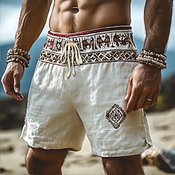 Men's Shorts Linen Shorts Summer Shorts Beach Shorts Drawstring Elastic Waist Straight Leg Geometric Plain Comfort Breathable Knee Length Outdoor Daily Holiday Fashion Ethnic Style White