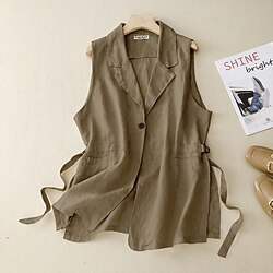 Women's  Cotton Linen Vest Plain Casual Sleeveless Shirt Collar Regular Tops Daily Holiday Going out Buttons Pocket Khaki Apricot Summer