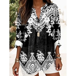 Women's Boho Blouse Graphic Geometric Elegant Daily Long Sleeve V Neck Regular Tops Daily Print Black Yellow Red Blue Gold Summer Spring