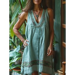 Women's Boho Dress Mini Dress A Line Dress Slip Dress Vacation Casual Boho Outdoor Going out Beach Loose Fit Floral Graphic Sleeveless V Neck Lake blue Blue Green Khaki Summer Spring